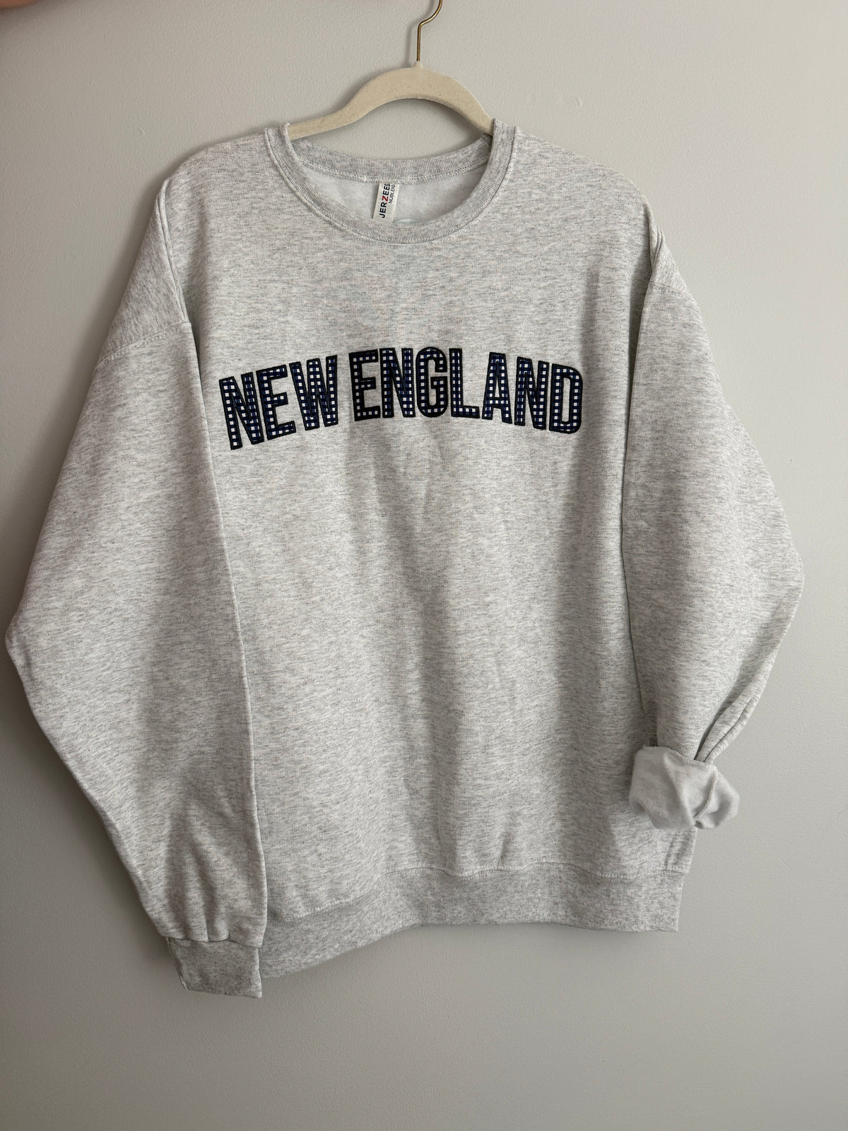 New England Navy Gingham Embroidered Crewneck