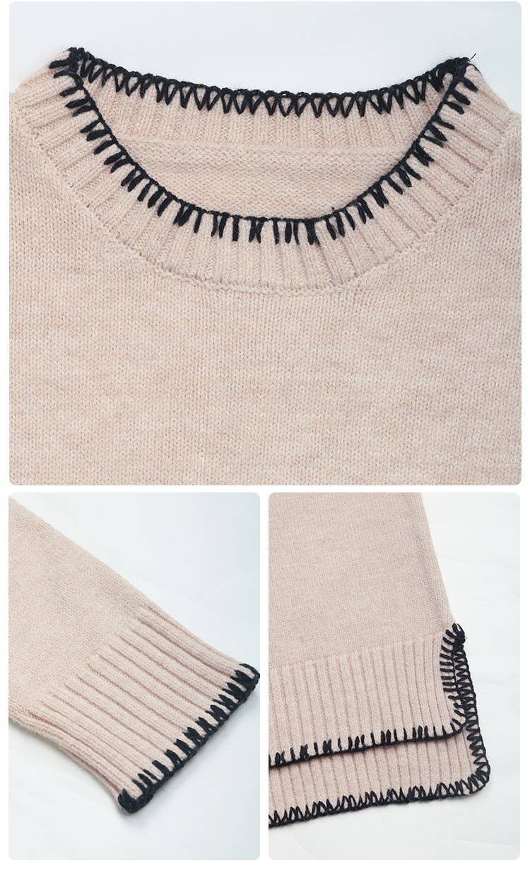 Khaki Sweater with Stitched Edge Detailing