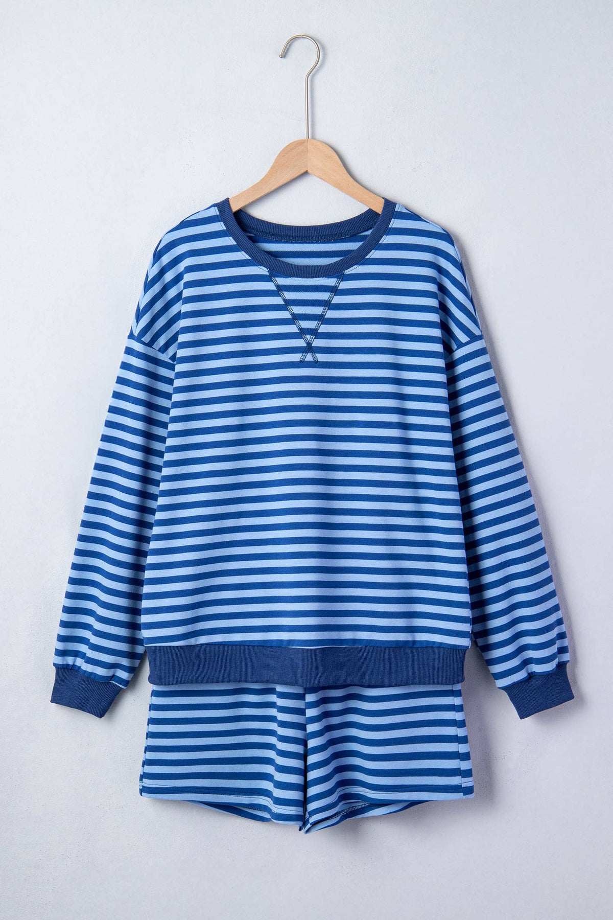 Striped Long Sleeve Top and Shorts Lounge Set: Blue