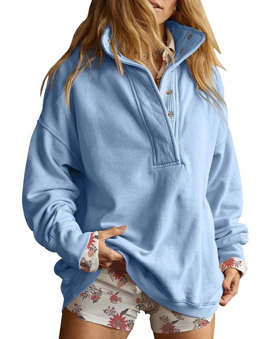 Blue Quilted Collar Half Button Pullover