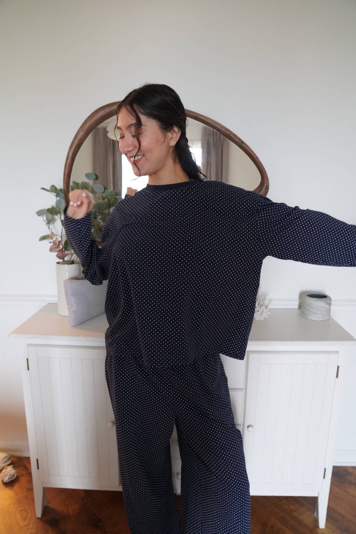 Navy Blue Polka Dot Loungewear Long Sleeve Top