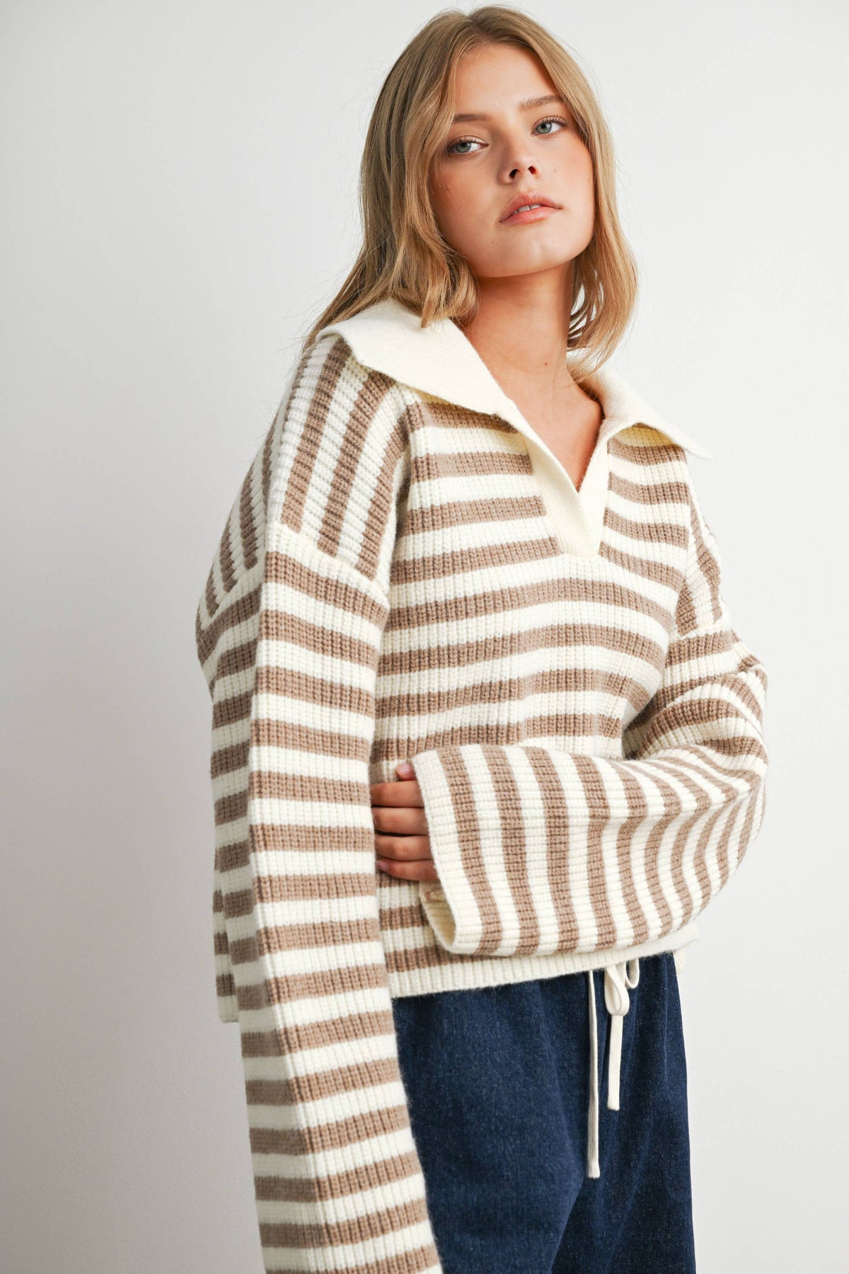 Blue Striped Collared Knit Sweater