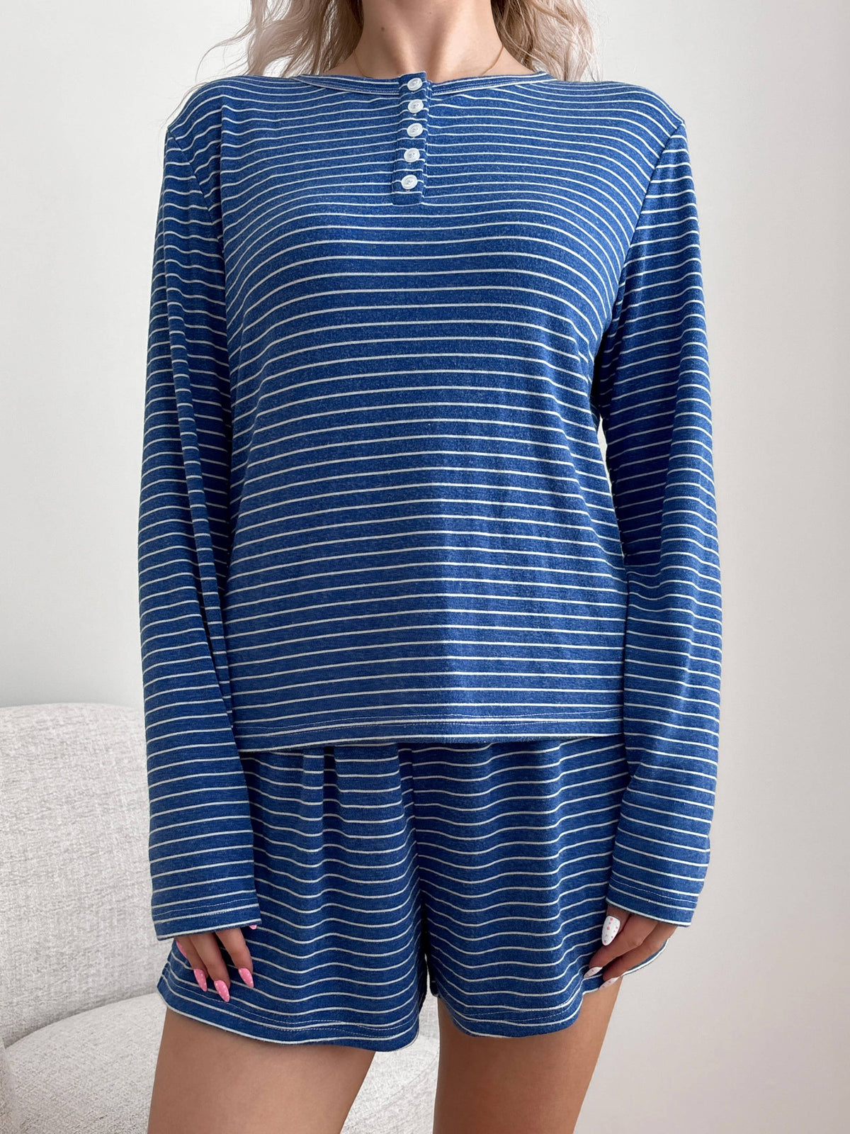 Striped Soft Button Loungewear Long Sleeve Top