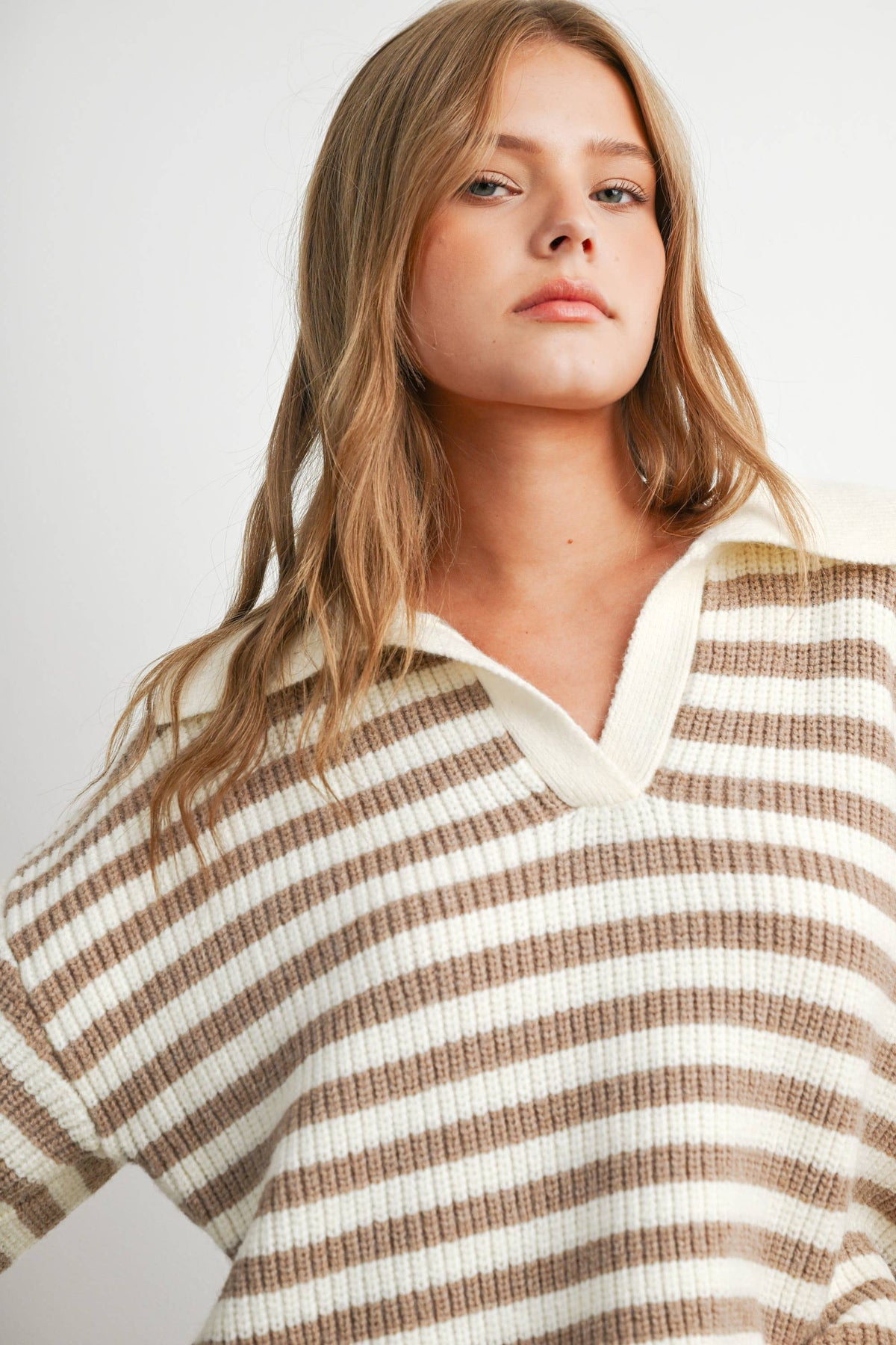 Blue Striped Collared Knit Sweater