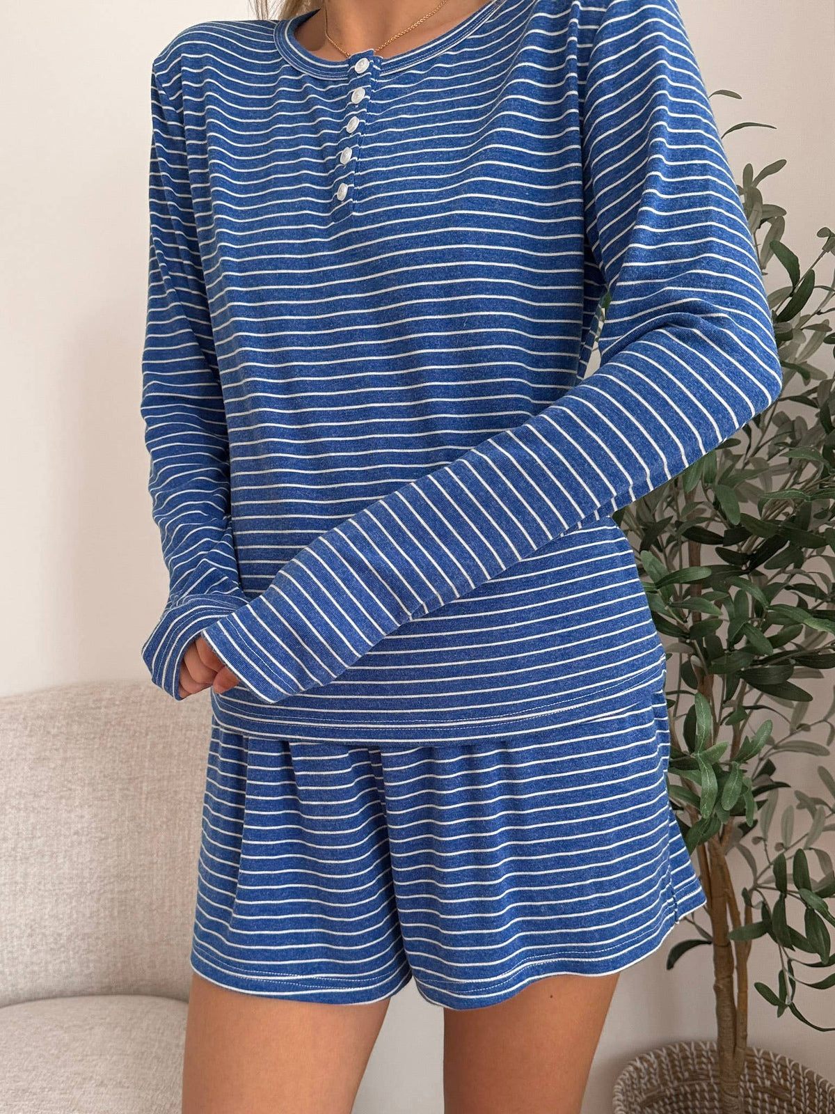 Striped Soft Button  Loungewear Shorts