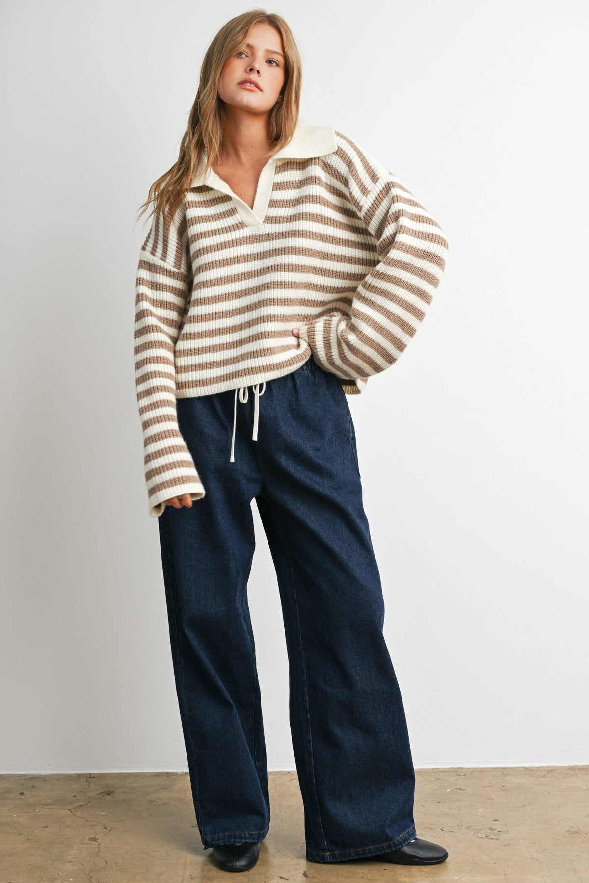 Blue Striped Collared Knit Sweater