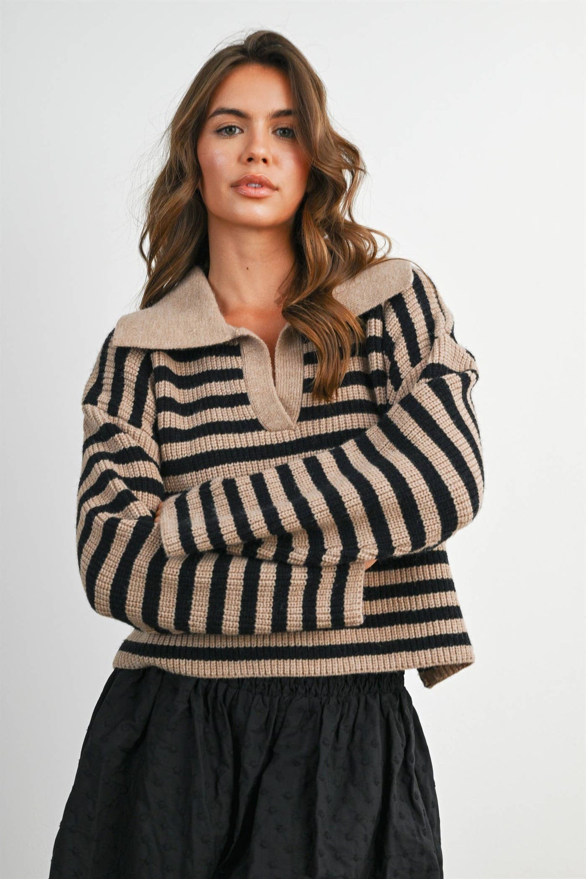 Blue Striped Collared Knit Sweater
