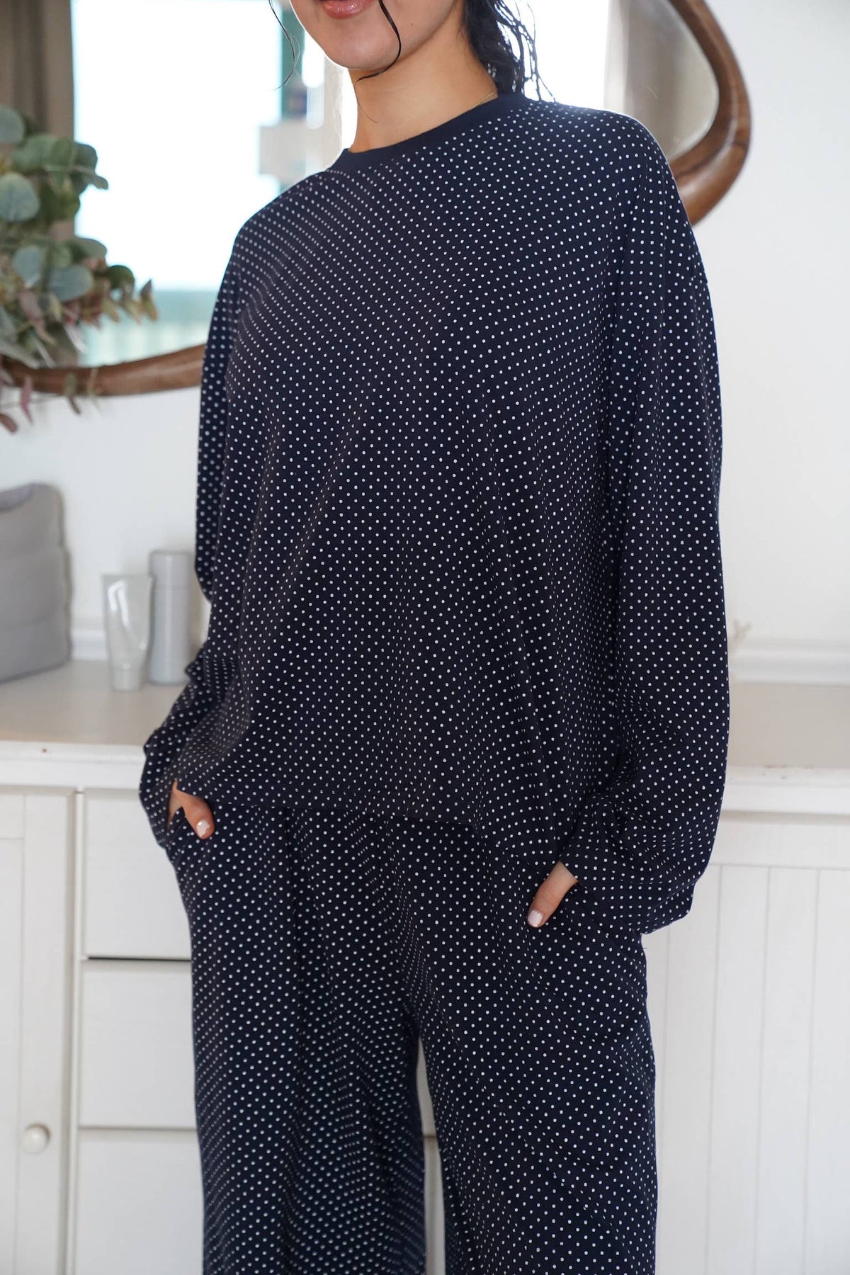 Navy Blue Polka Dot Loungewear Long Sleeve Top