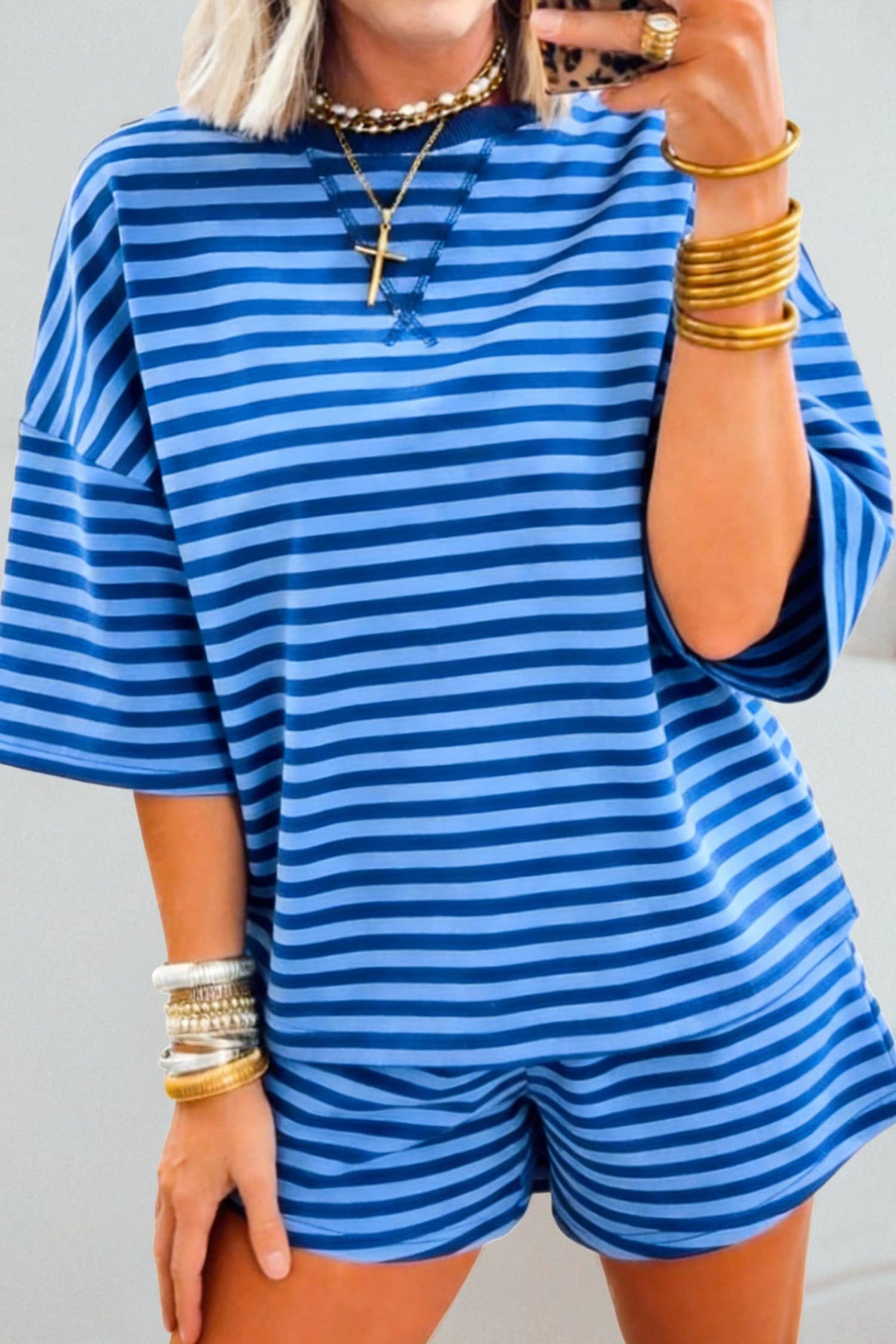 Striped Long Sleeve Top and Shorts Lounge Set: Blue