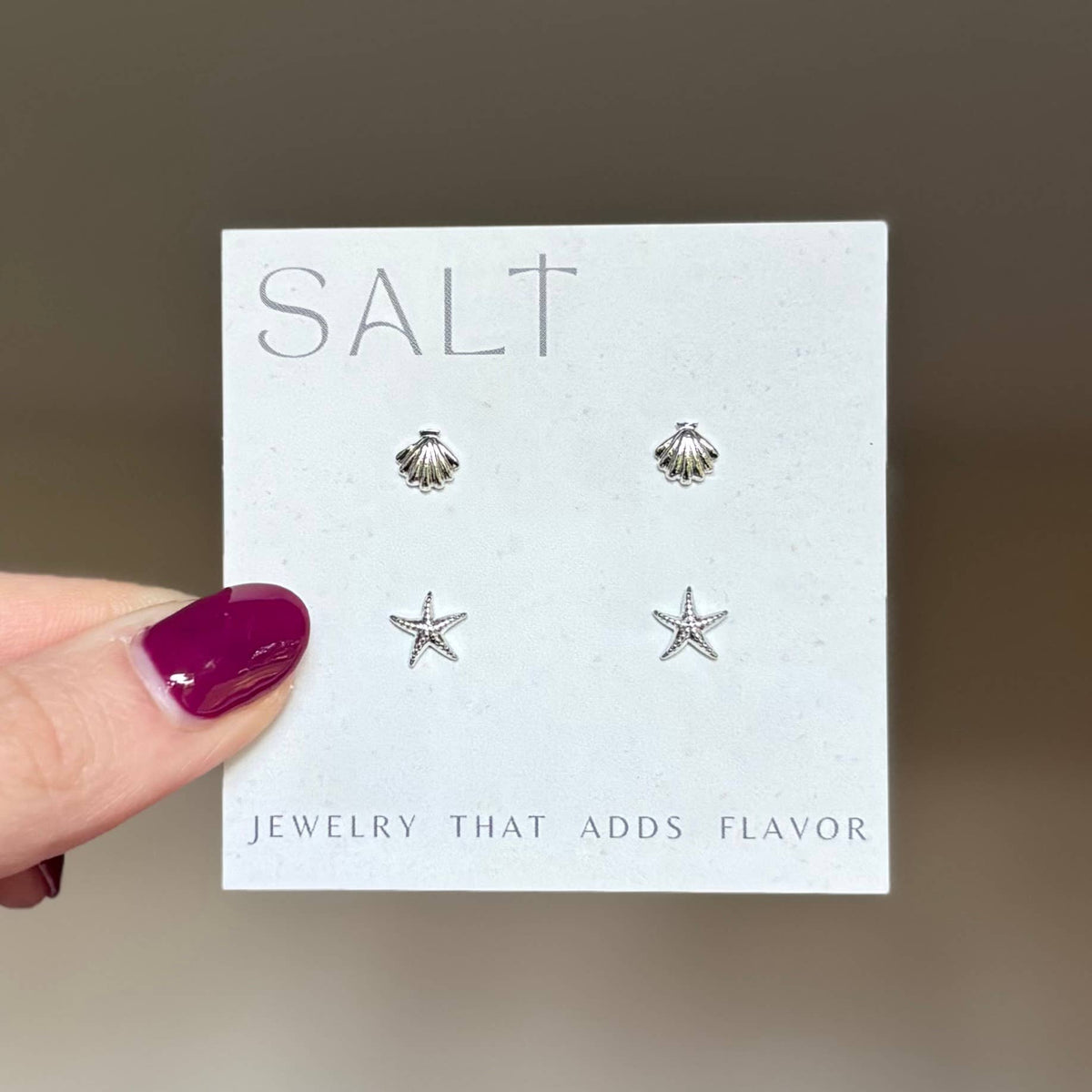 Silver Coastal Studs Set | seashell & starfish earrings (rhodium / platinum)