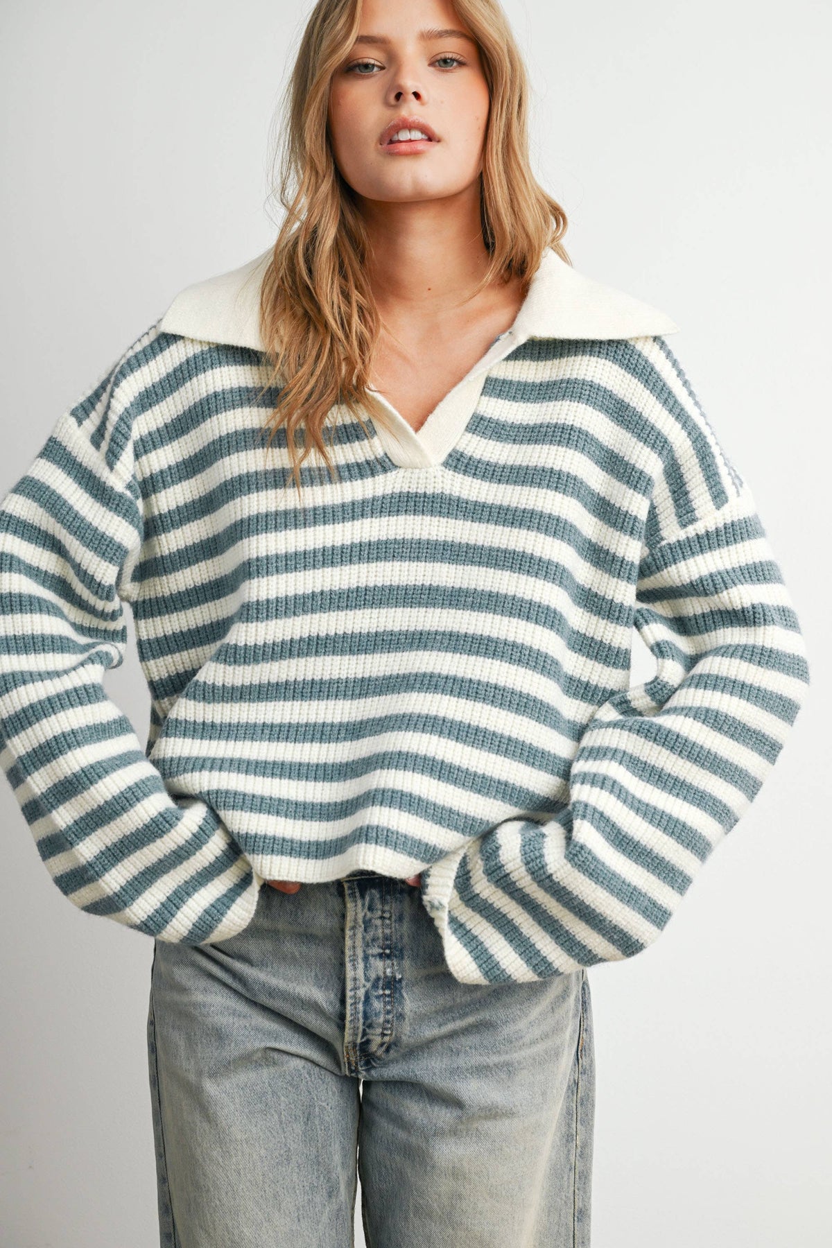 Blue Striped Collared Knit Sweater