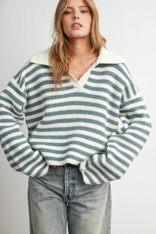 Blue Striped Collared Knit Sweater