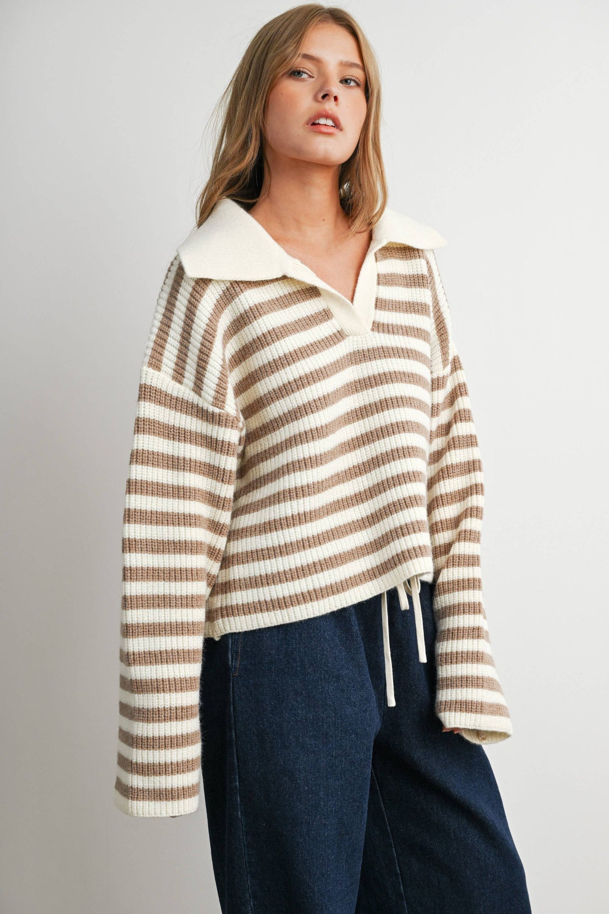 Blue Striped Collared Knit Sweater