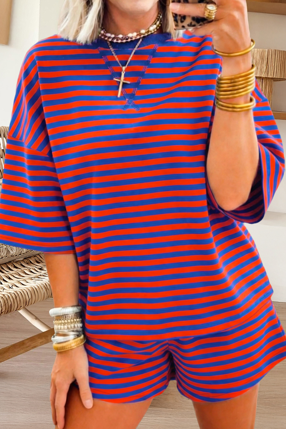 Striped Short Sleeve Top and Shorts Lounge Set