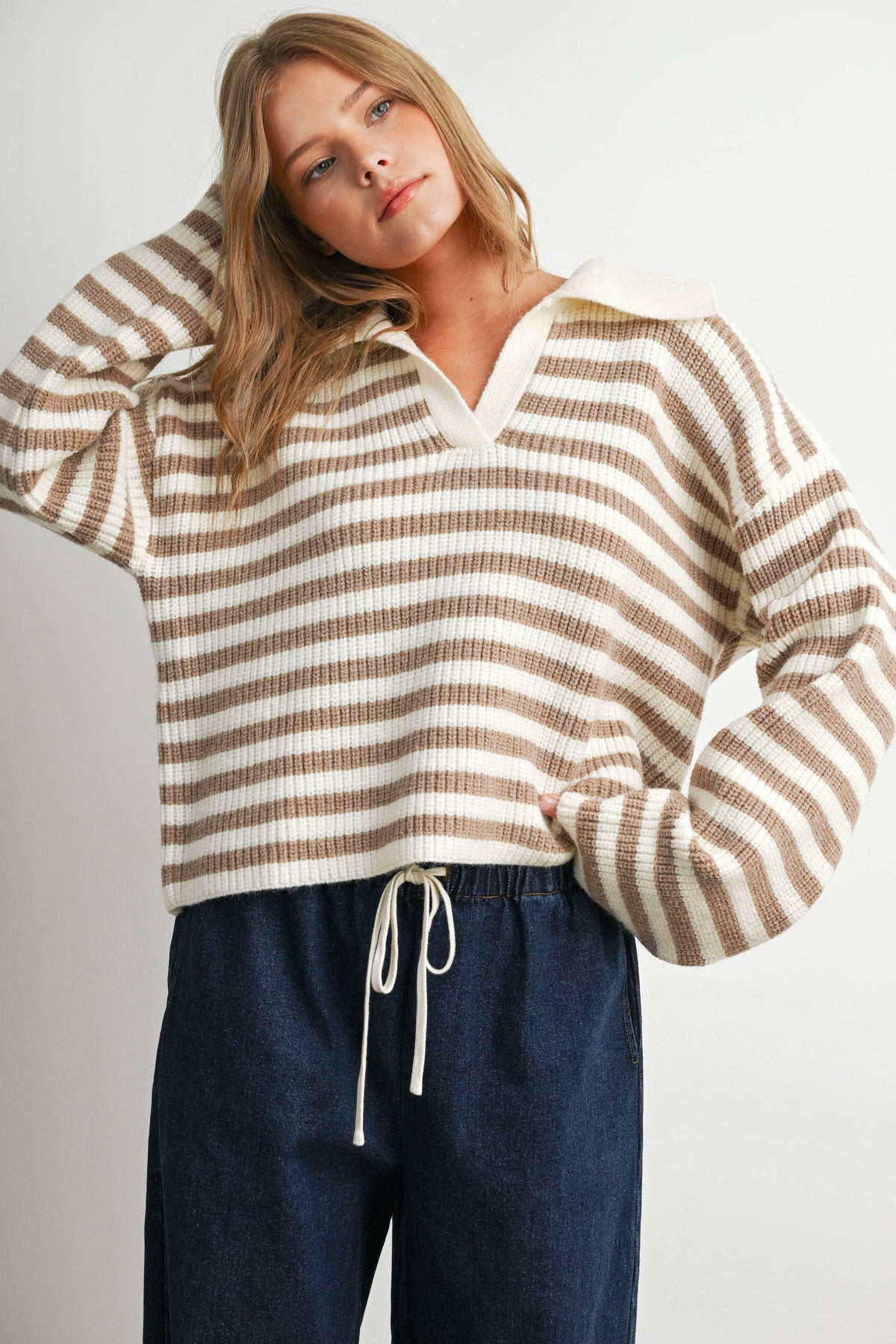 Blue Striped Collared Knit Sweater