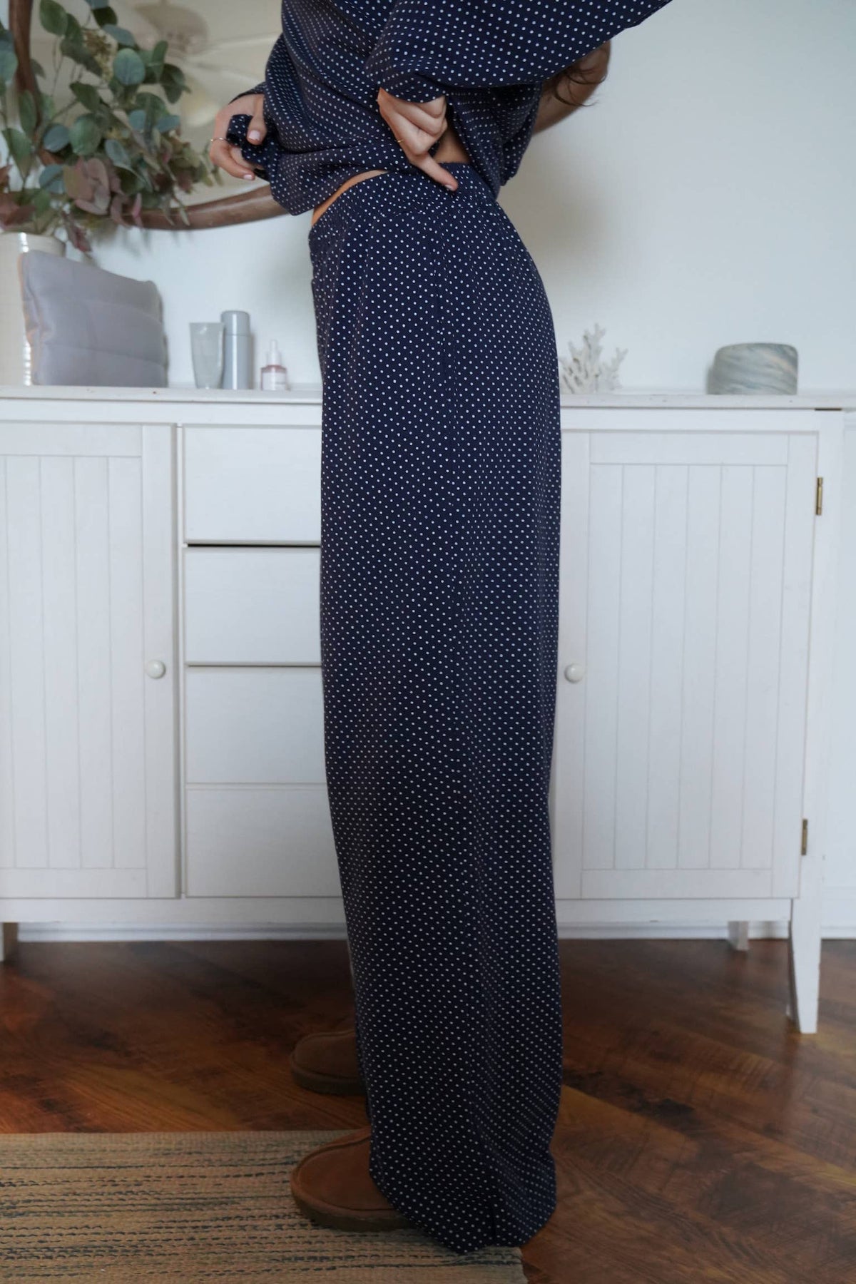 Navy Blue Polka Dot Loungewear Flare Pants
