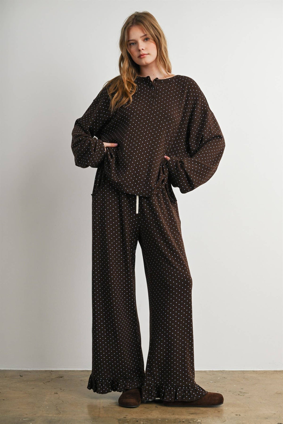 Brown Polka Dot Henley Neck Long Sleeve Top