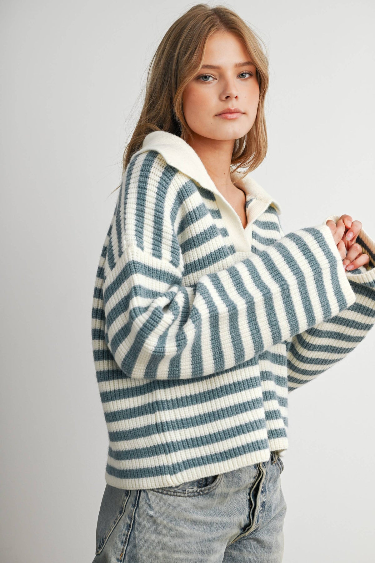 Blue Striped Collared Knit Sweater