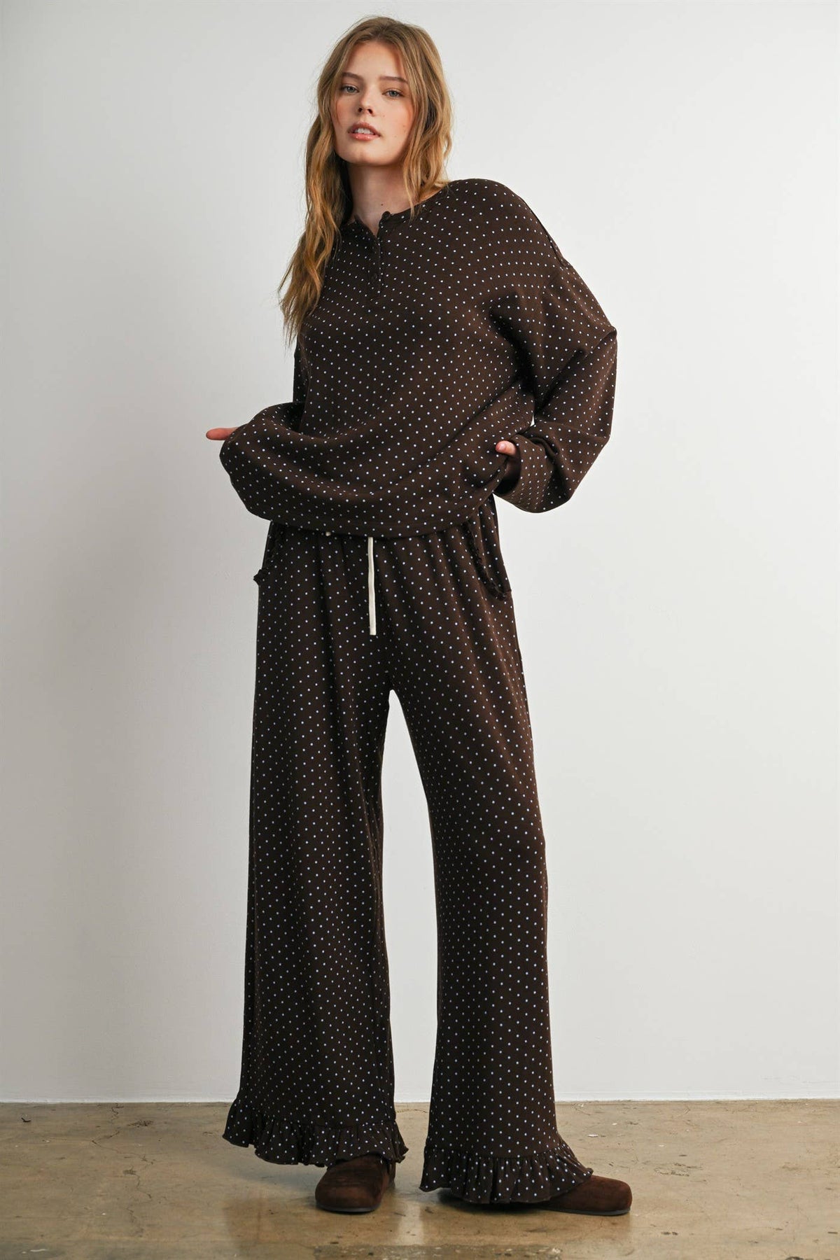 Brown Polka Dot Henley Neck Long Sleeve Top