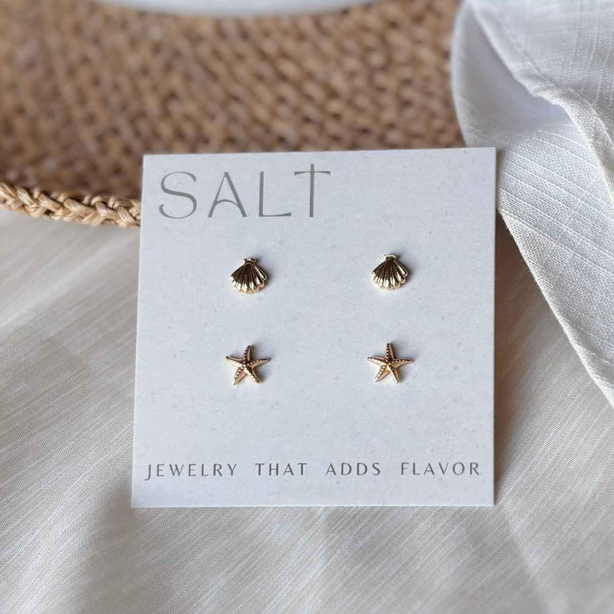 18K Gold Plated Coastal Studs Set | seashell & starfish earrings
