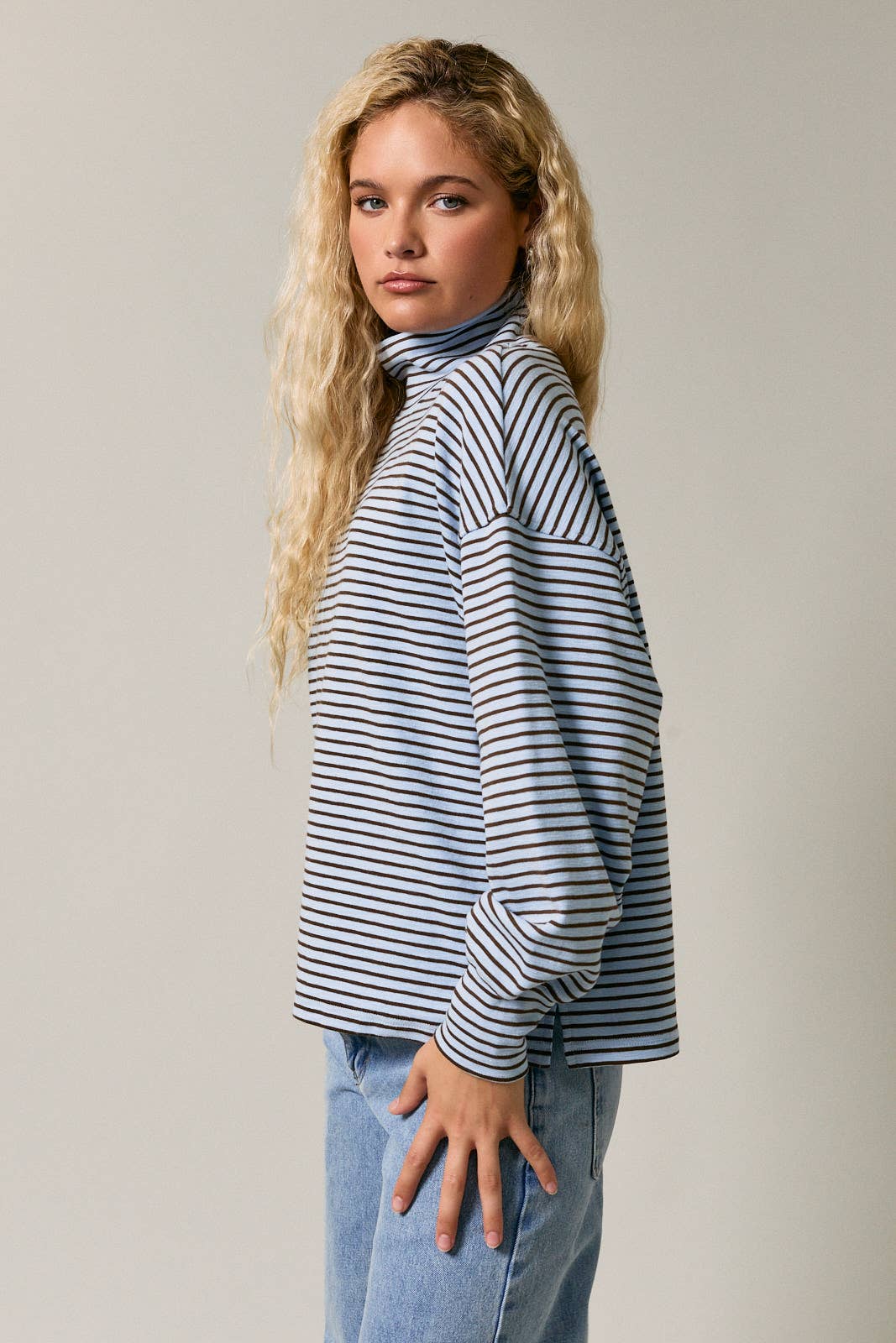 Blue + Brown Stripe Mock Neck Top