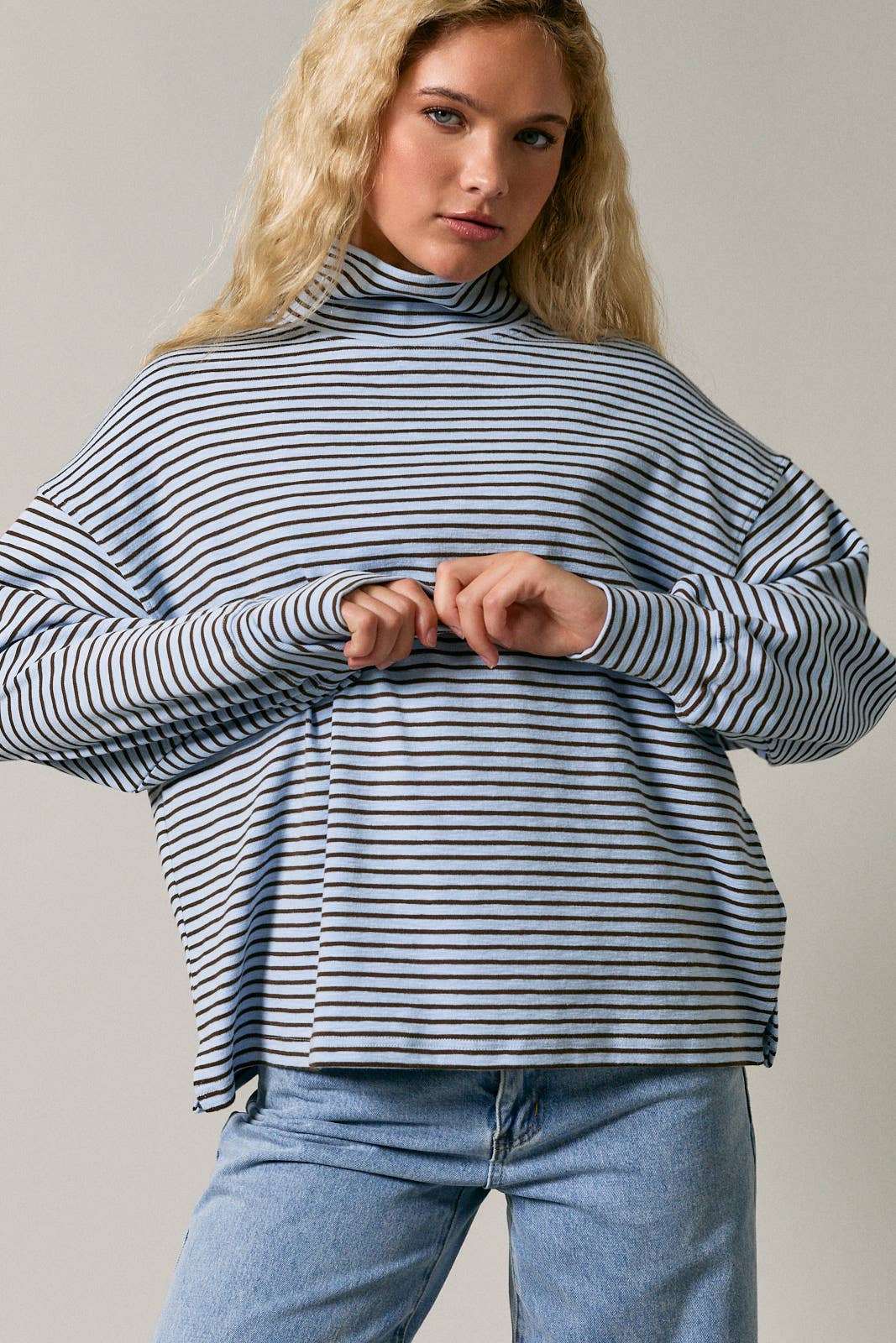 Blue + Brown Stripe Mock Neck Top