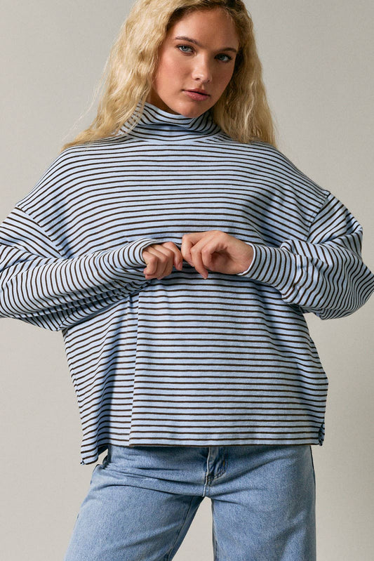 Blue + Brown Stripe Mock Neck Top