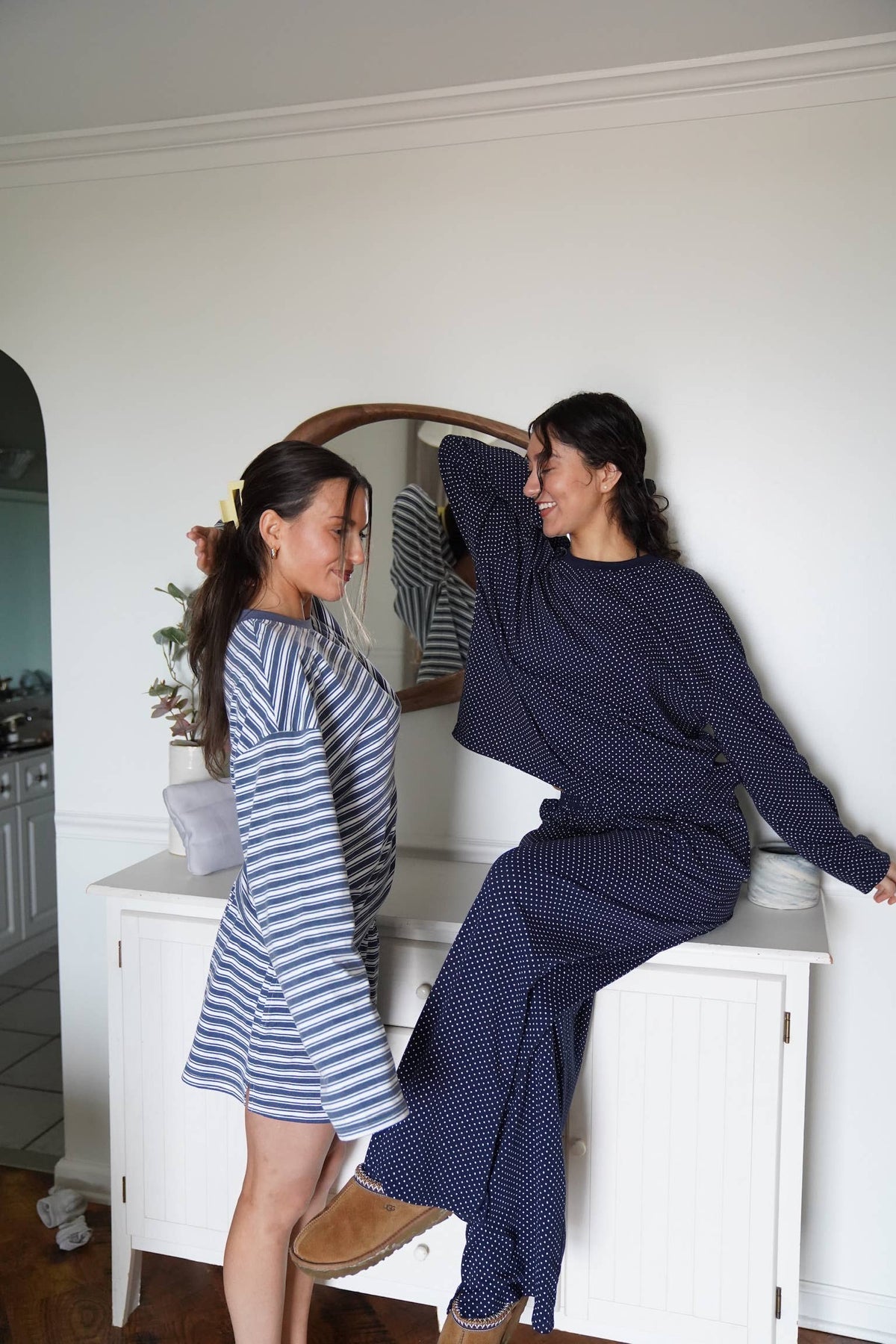 Navy Blue Polka Dot Loungewear Long Sleeve Top