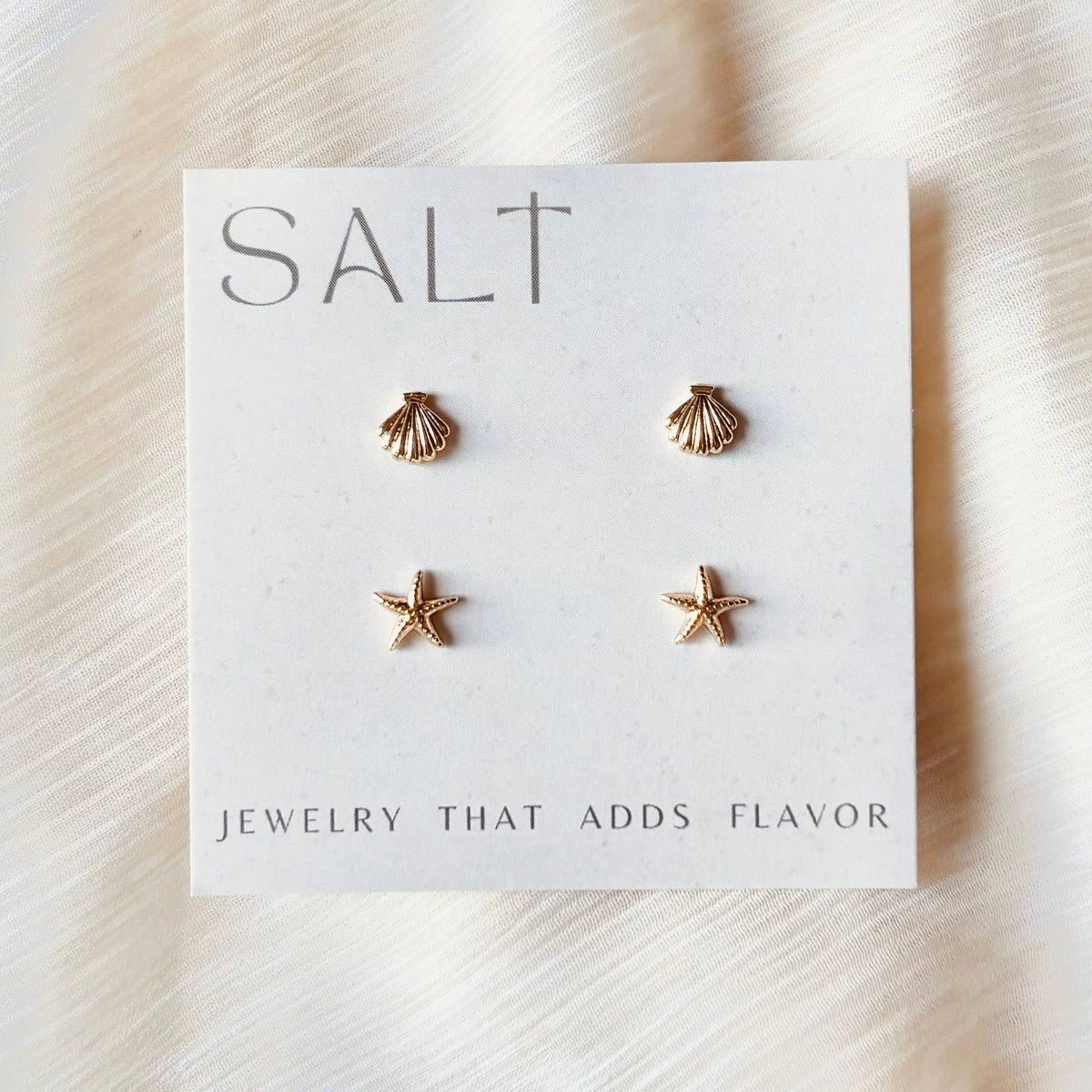 18K Gold Plated Coastal Studs Set | seashell & starfish earrings