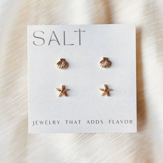 18K Gold Plated Coastal Studs Set | seashell & starfish earrings