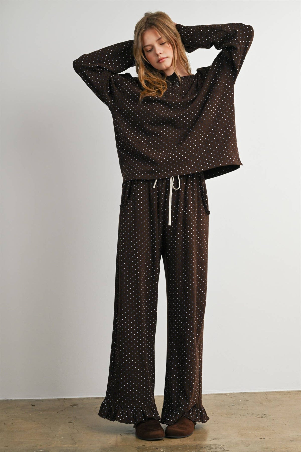 Brown Polka Dot Henley Neck Long Sleeve Top