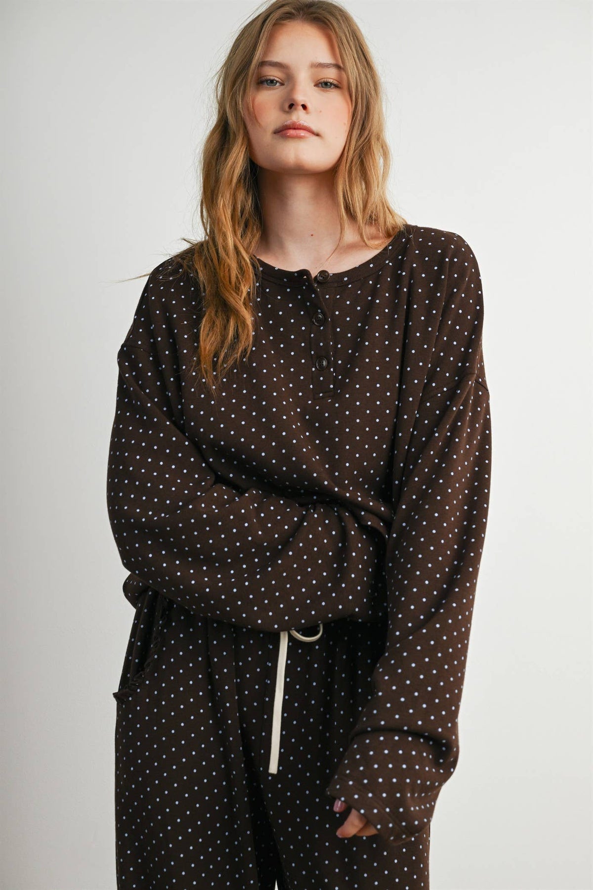 Brown Polka Dot Henley Neck Long Sleeve Top