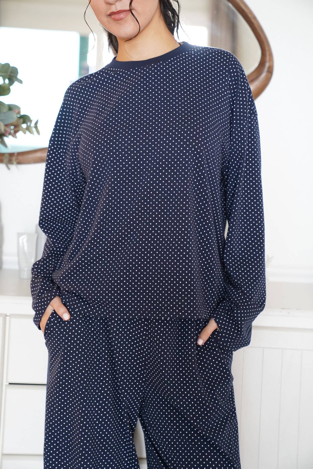 Navy Blue Polka Dot Loungewear Long Sleeve Top