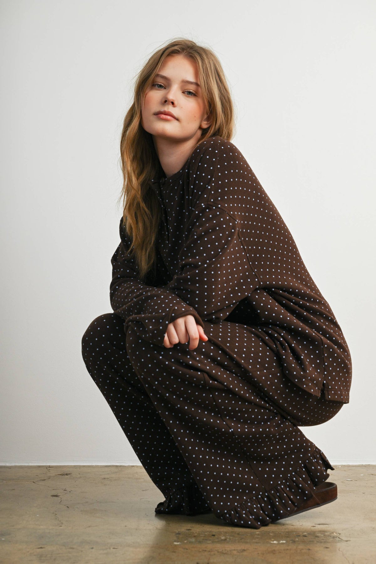 Brown Polka Dot Henley Neck Long Sleeve Top