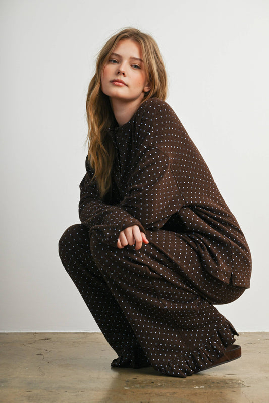 Brown Polka Dot Henley Neck Long Sleeve Top