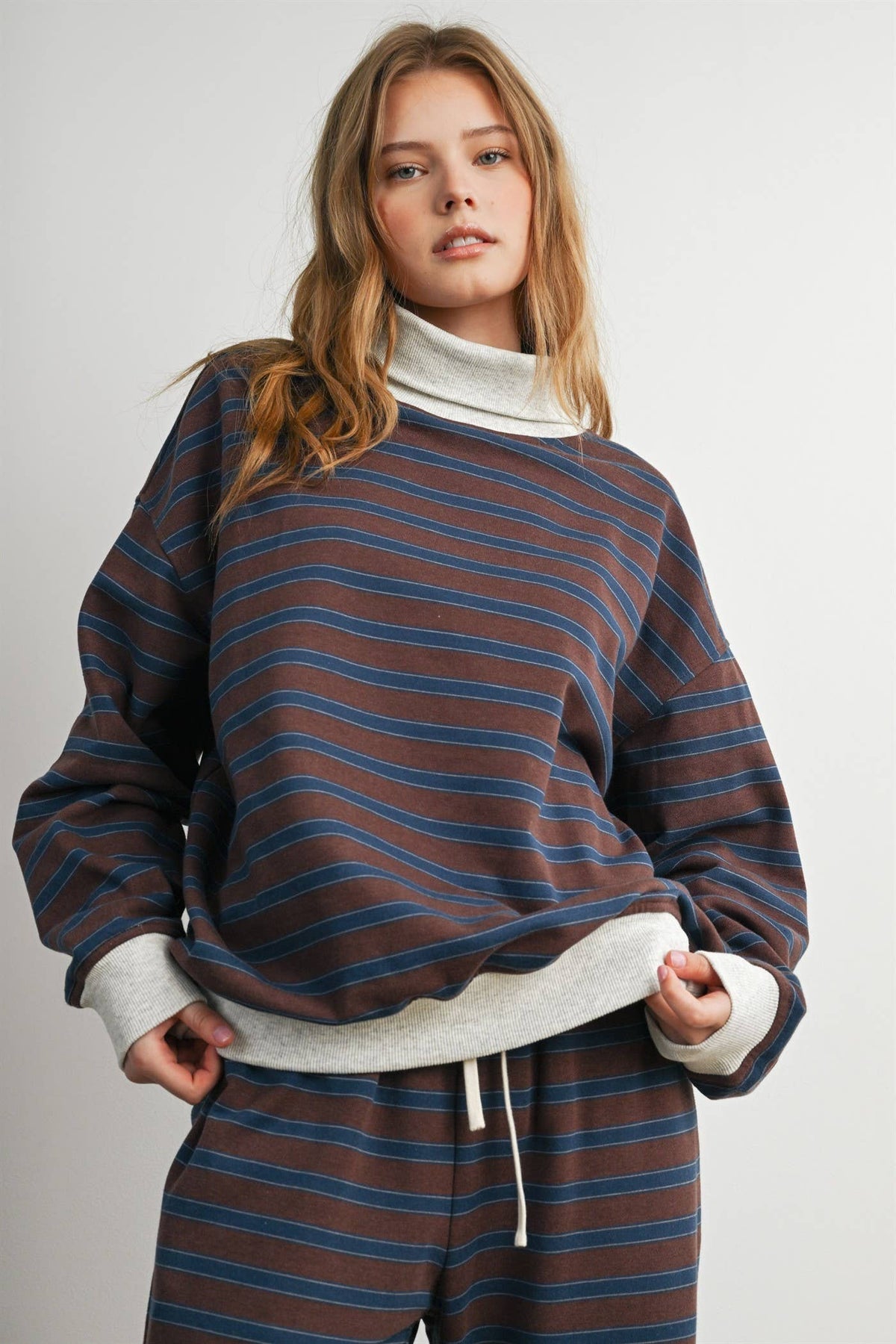 Brown Striped Turtleneck Sweatshirt