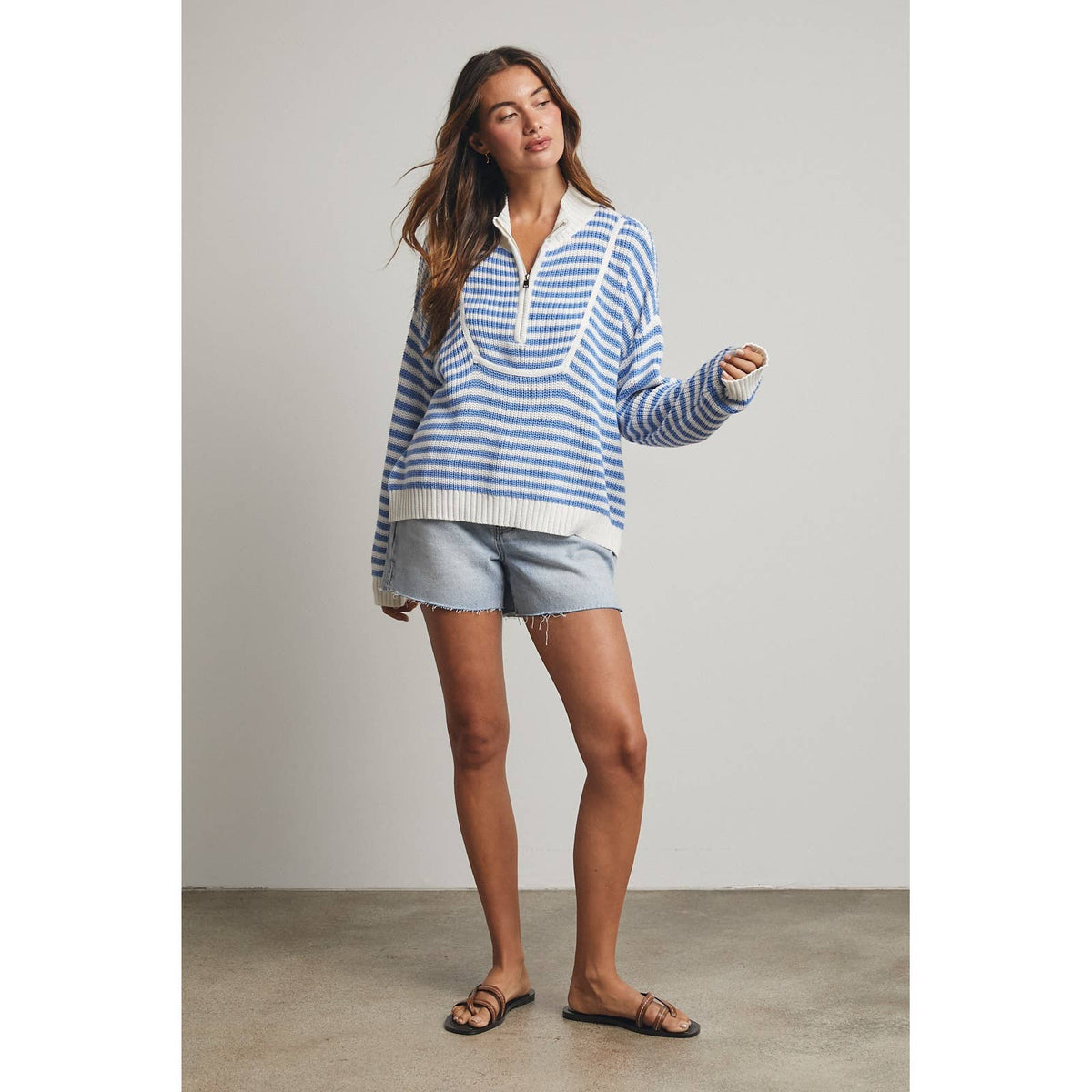 Blue Striped Half Zip Sweater