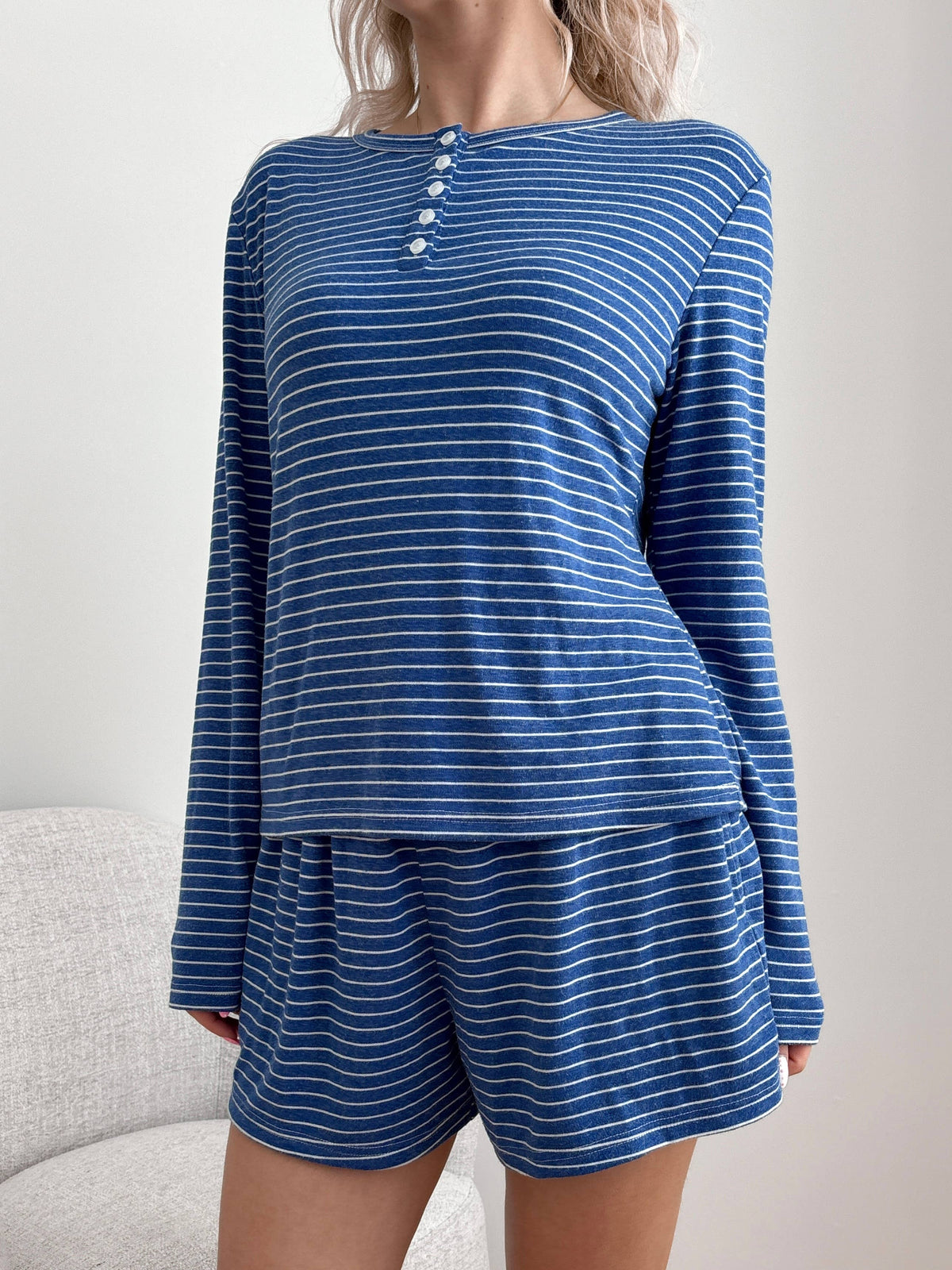 Striped Soft Button Loungewear Long Sleeve Top