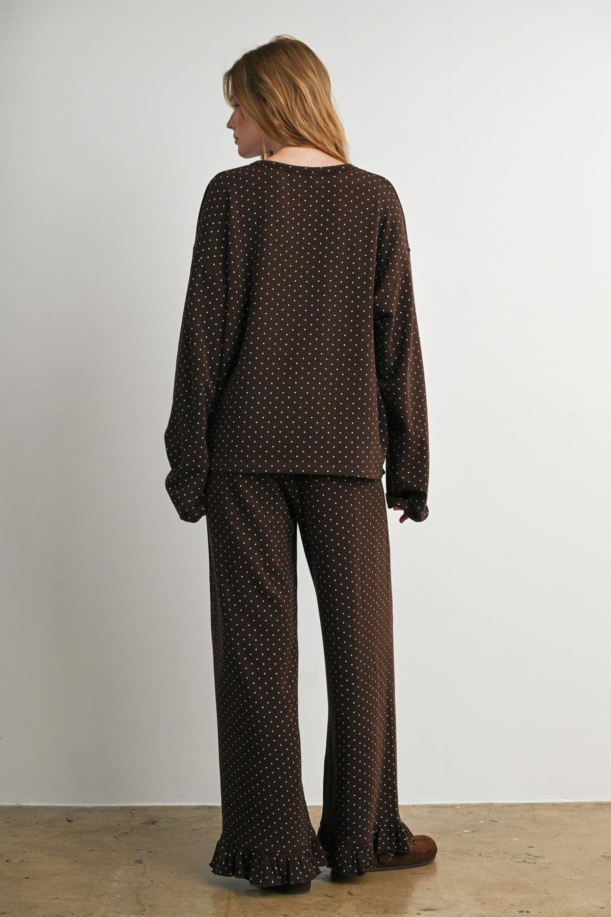 Brown Polka Dot Henley Neck Long Sleeve Top