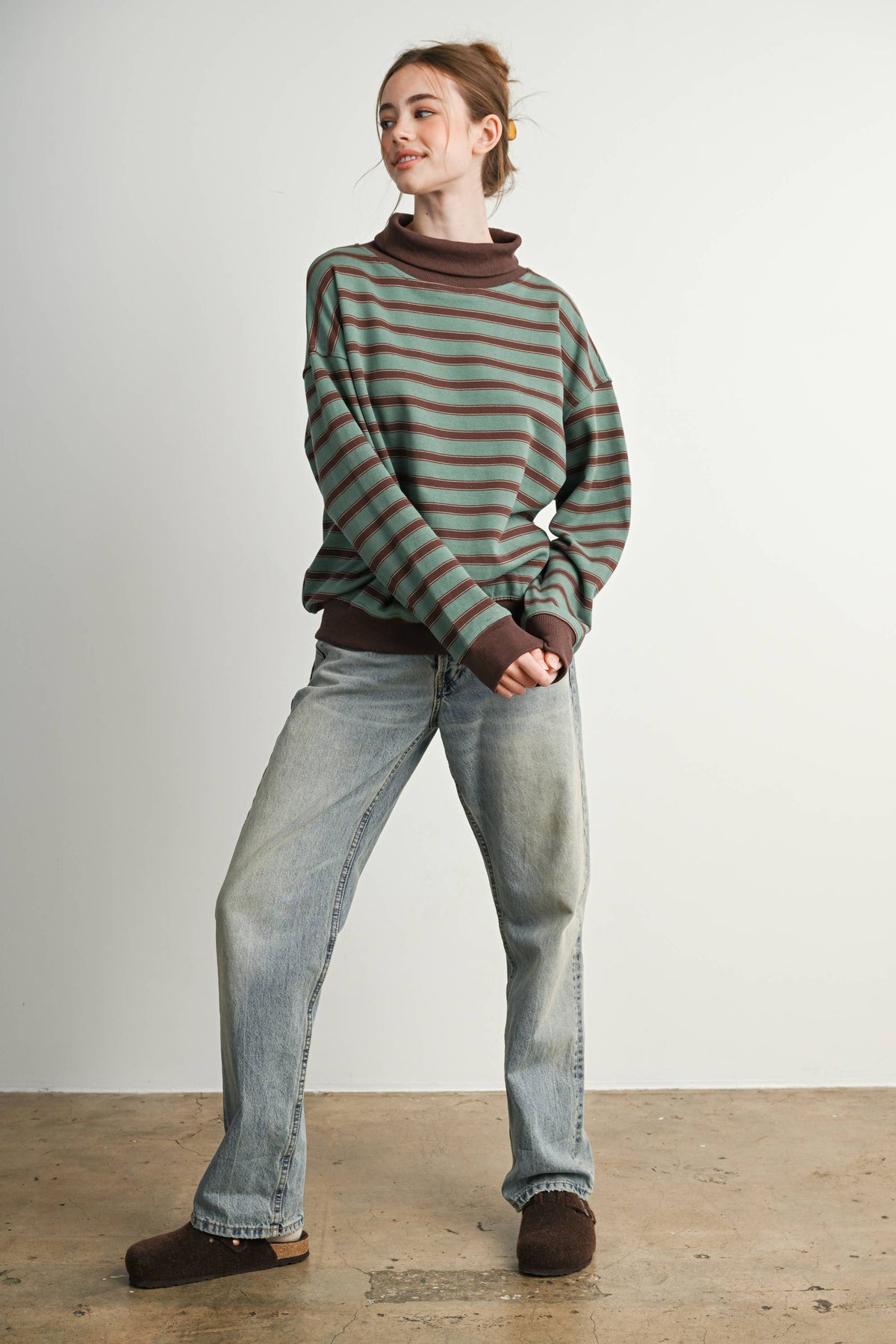Brown Striped Turtleneck Sweatshirt
