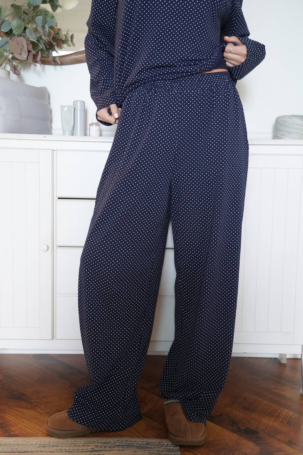 Navy Blue Polka Dot Loungewear Flare Pants