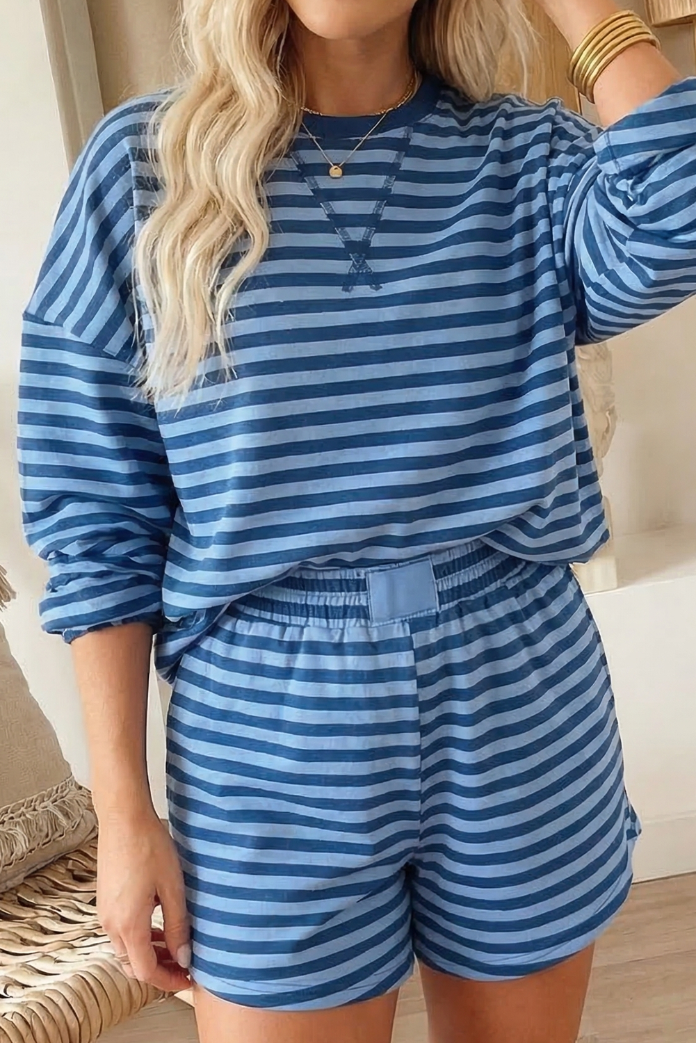 Striped Long Sleeve Top and Shorts Lounge Set: Blue