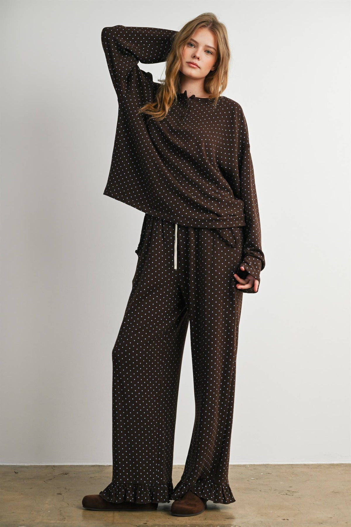 Brown Polka Dot Henley Neck Long Sleeve Top