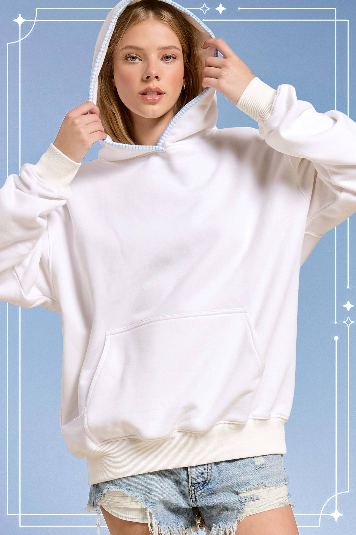 Snow Heavyweight Hoodie with Teal Stitch