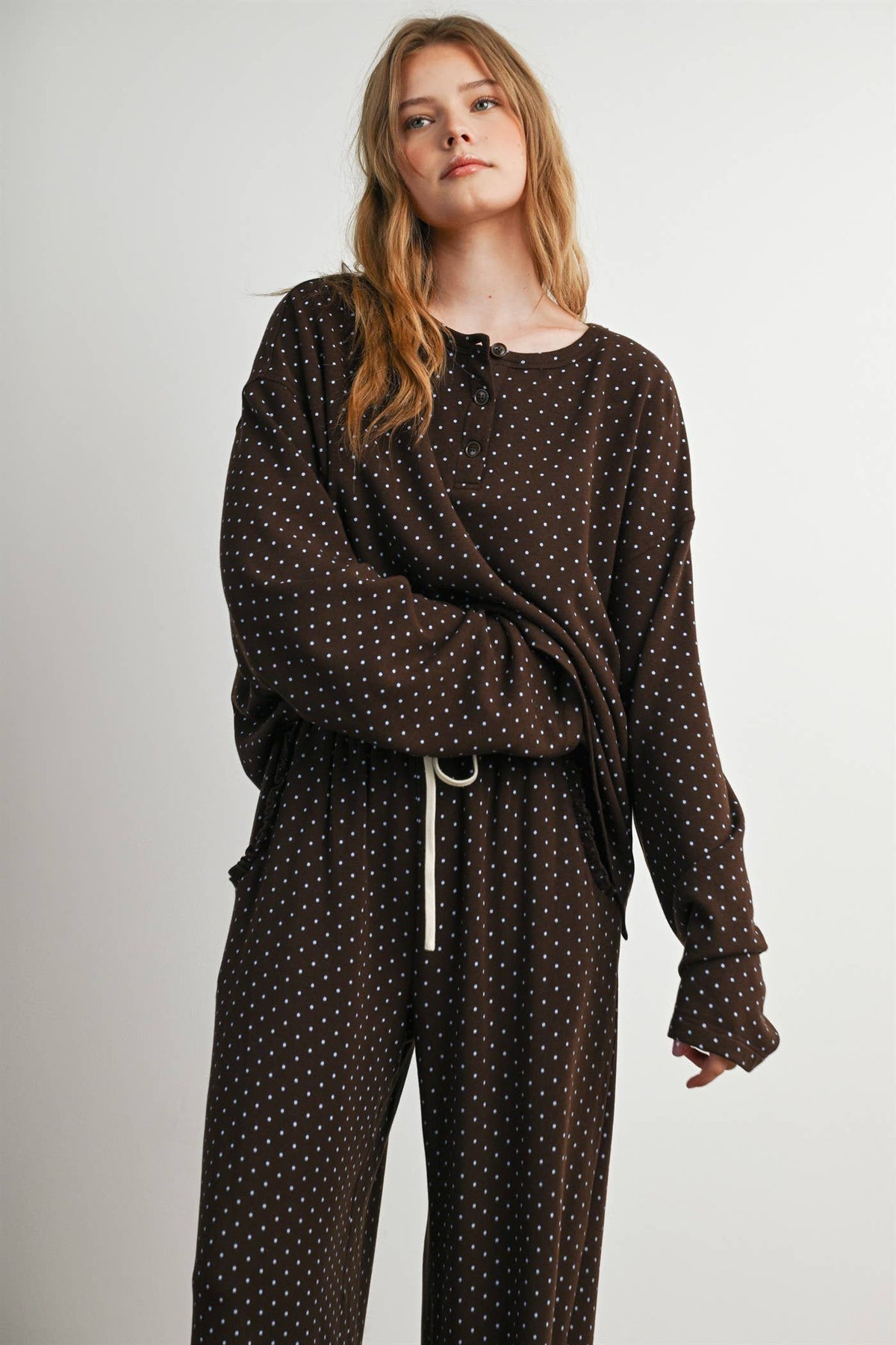 Brown Polka Dot Henley Neck Long Sleeve Top