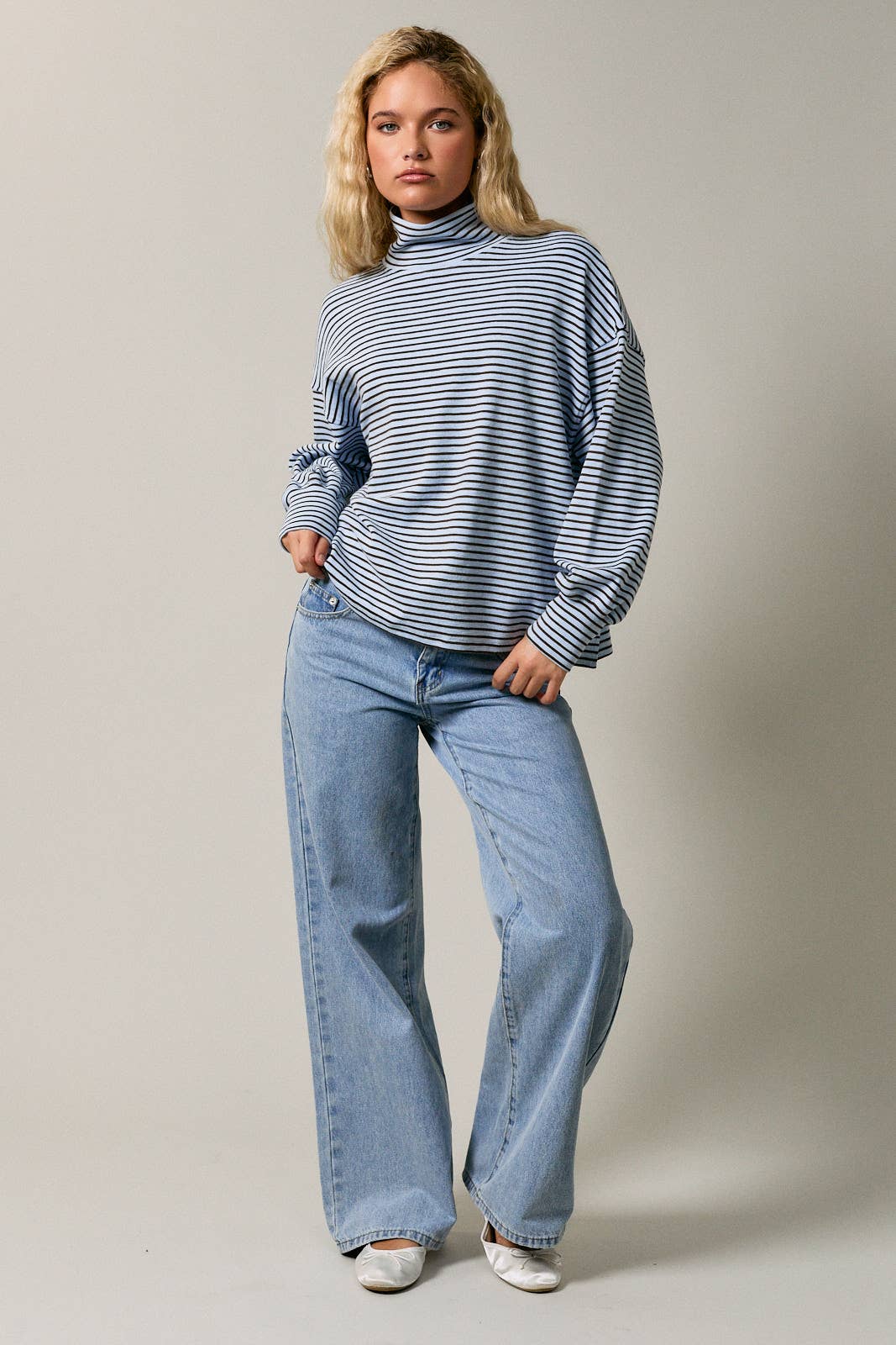 Blue + Brown Stripe Mock Neck Top