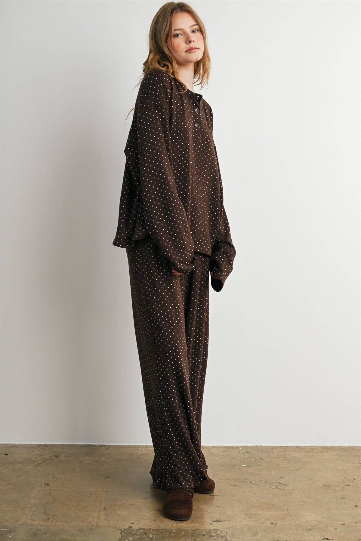 Brown Polka Dot Henley Neck Long Sleeve Top