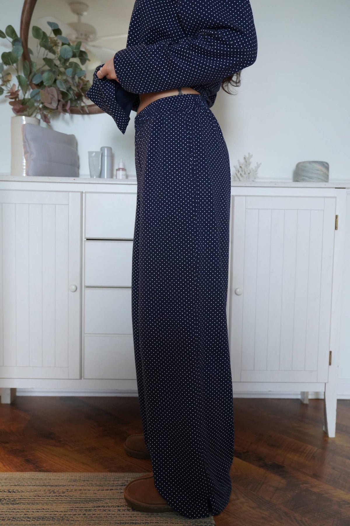 Navy Blue Polka Dot Loungewear Flare Pants