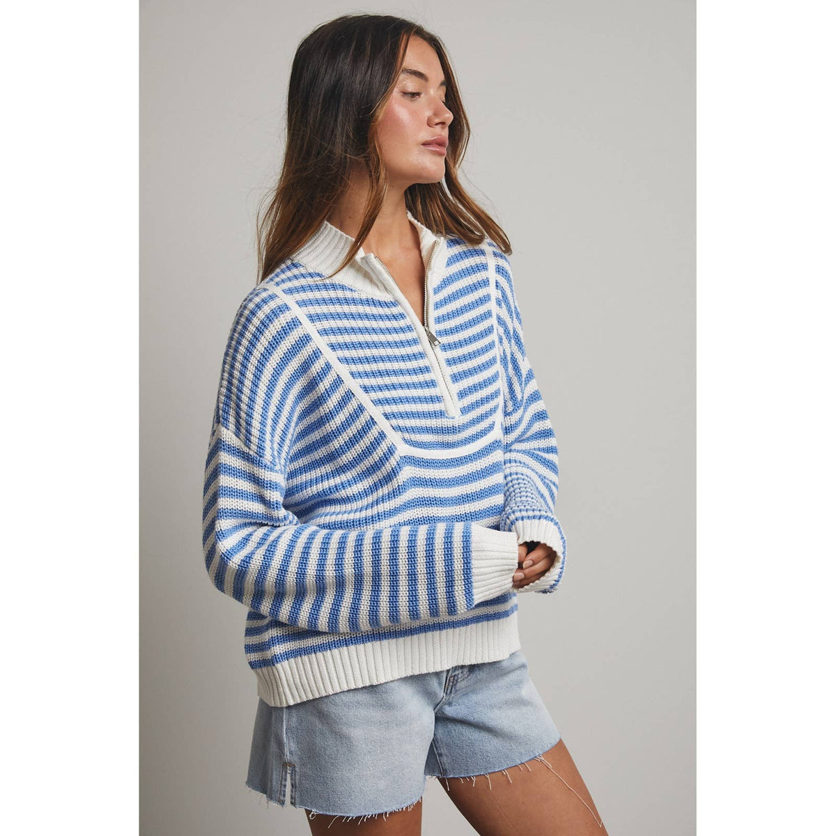 Blue Striped Half Zip Sweater