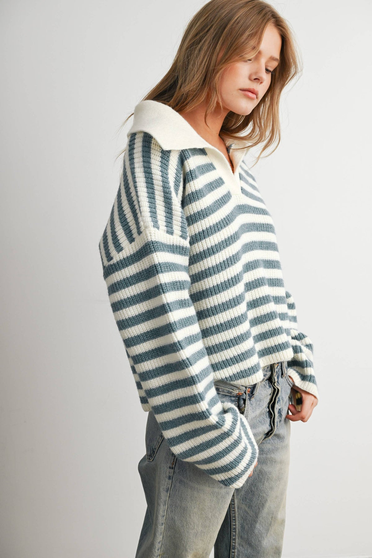 Blue Striped Collared Knit Sweater